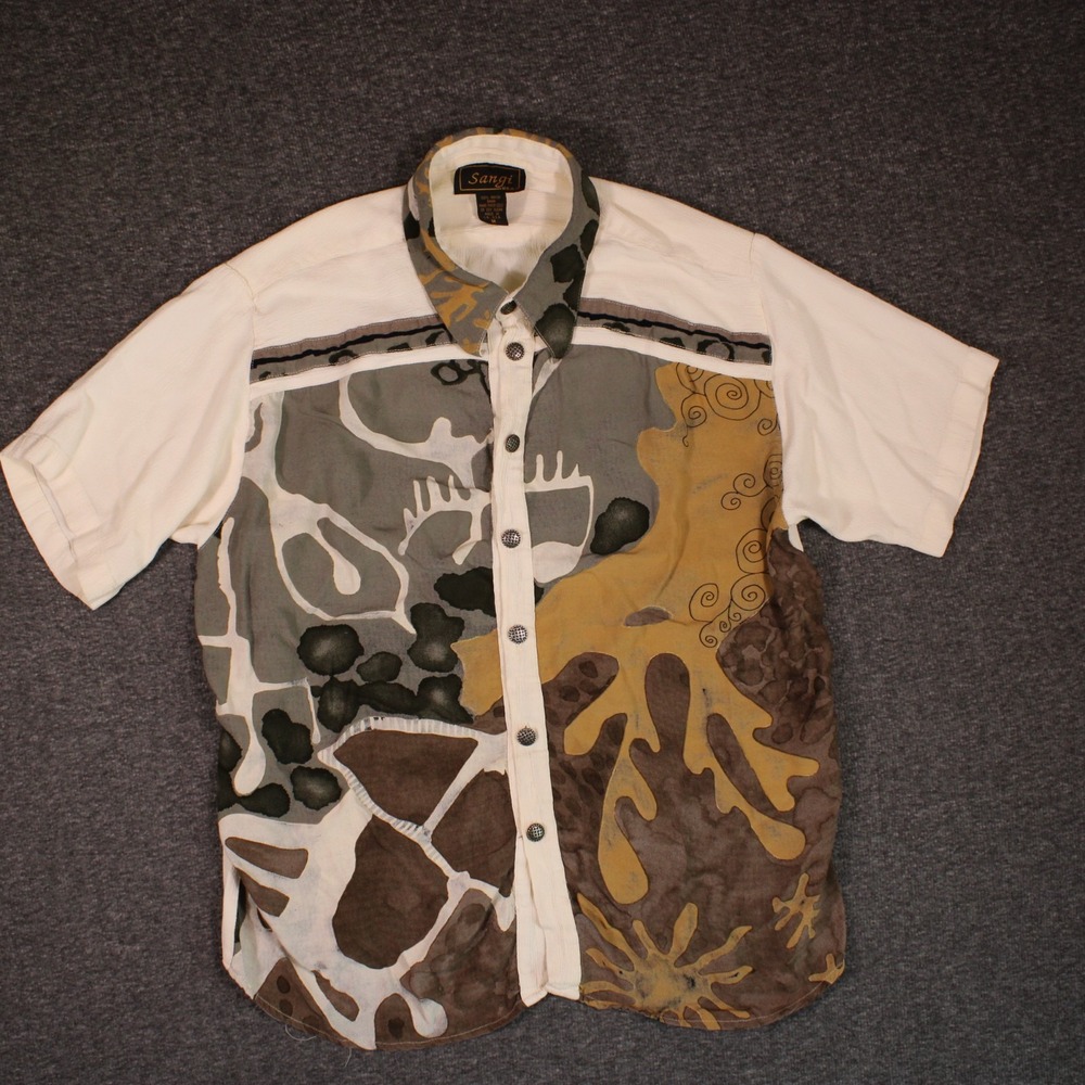 Sangi‎ USA Shirts Mens M Beige Brown Short Sleeve Button Up Western 100% Rayon